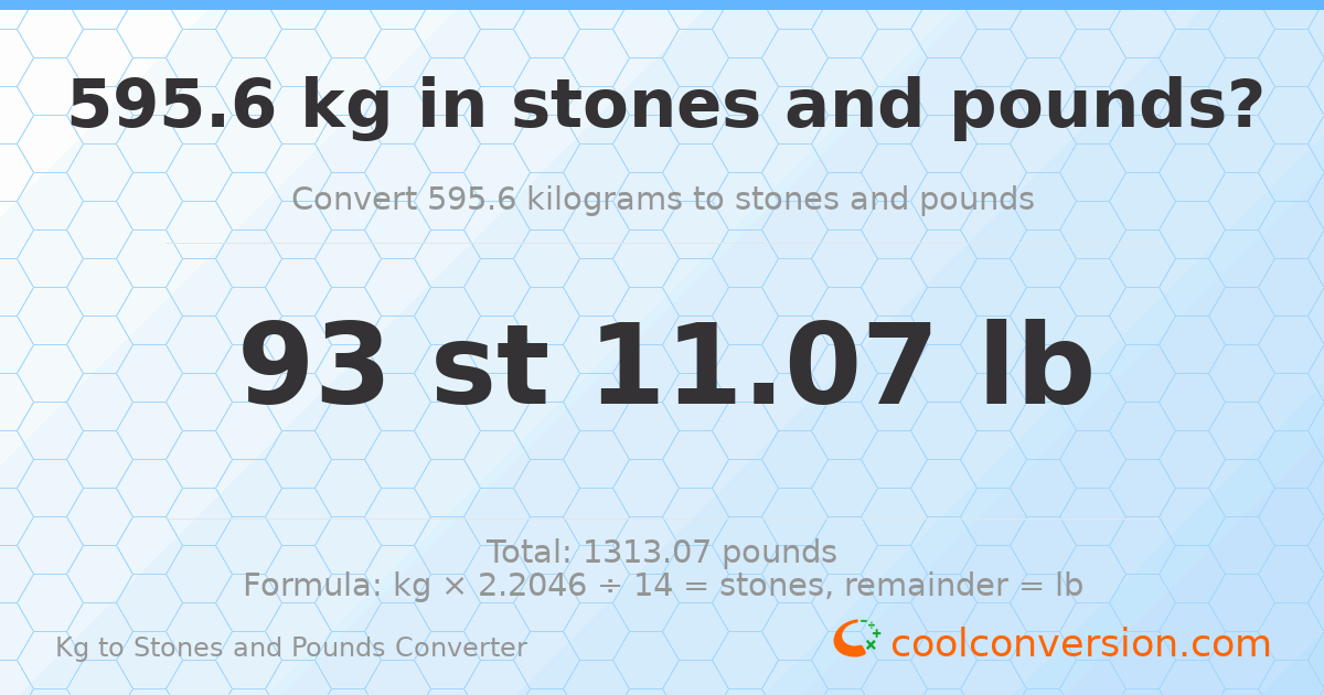 595.60 kg to stones and pounds — 595.60 kg = 93 st 11.07 lb