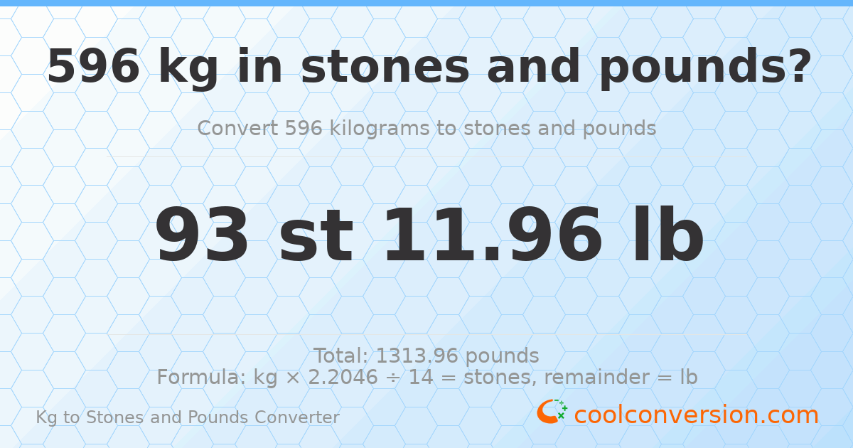 596 kg to stones and pounds — 596 kg = 93 st 11.96 lb