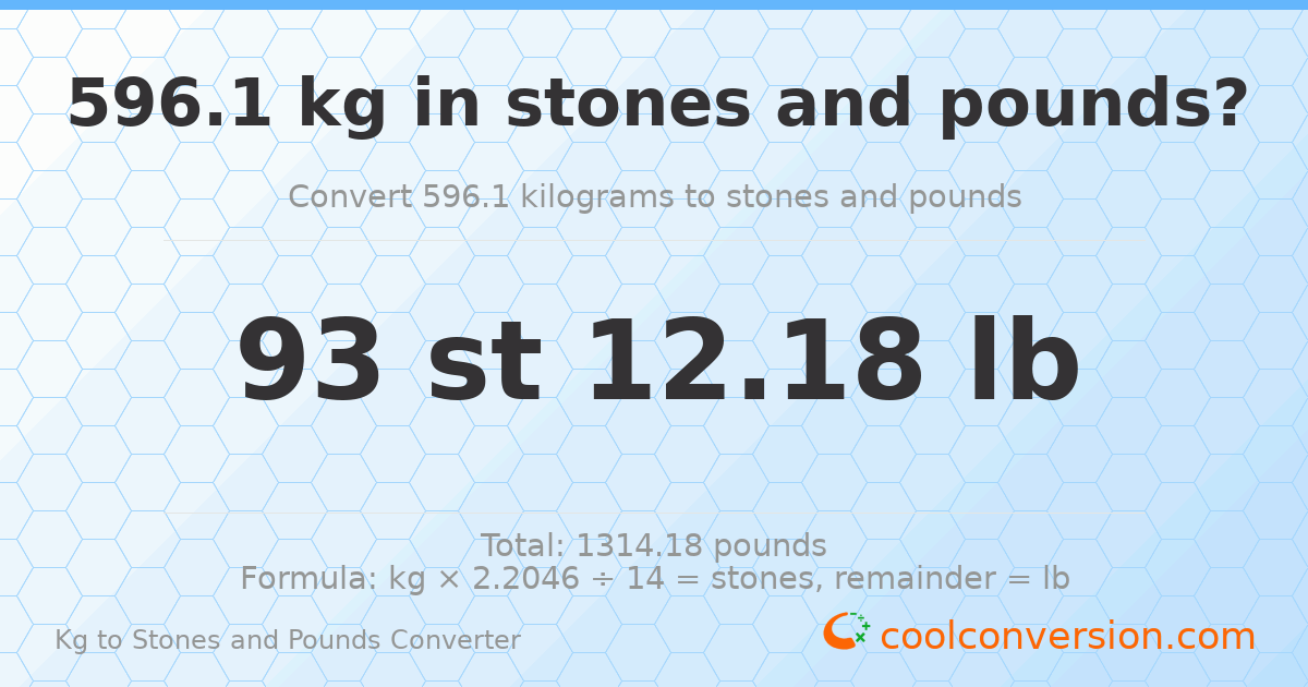 596.1 kg to stones and pounds — 596.1 kg = 93 st 12.18 lb