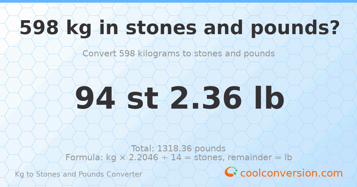 598 kg to stones and pounds — 598 kg = 94 st 2.36 lb