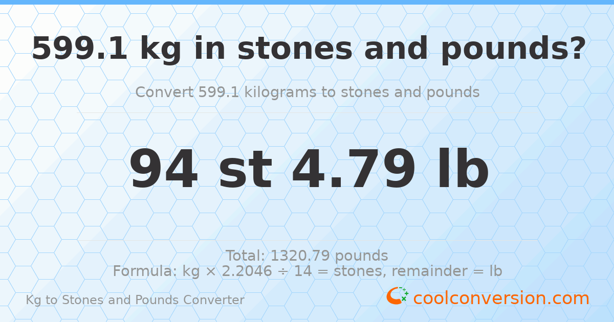 599.10 kg to stones and pounds — 599.10 kg = 94 st 4.79 lb