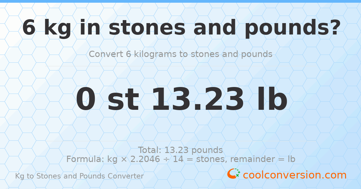 6 kg to stones and pounds — 6 kg = 0 st 13.23 lb