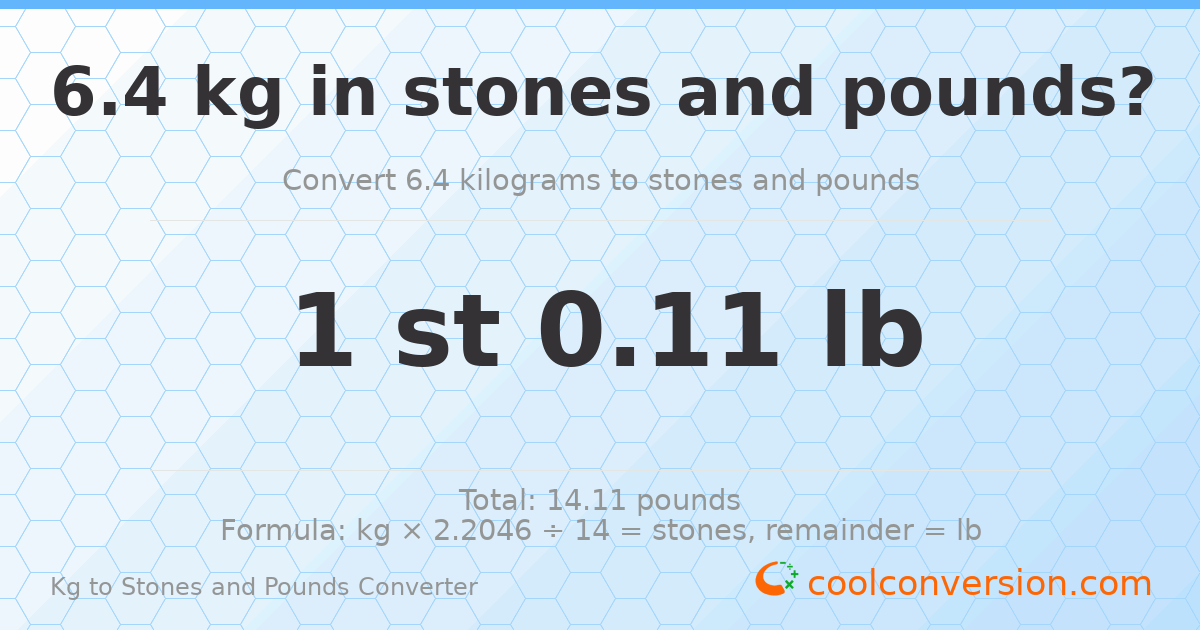 6.40 kg to stones and pounds — 6.40 kg = 1 st 0.11 lb