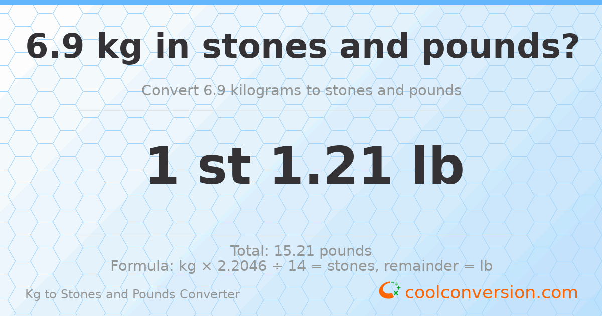 6.90 kg to stones and pounds — 6.90 kg = 1 st 1.21 lb