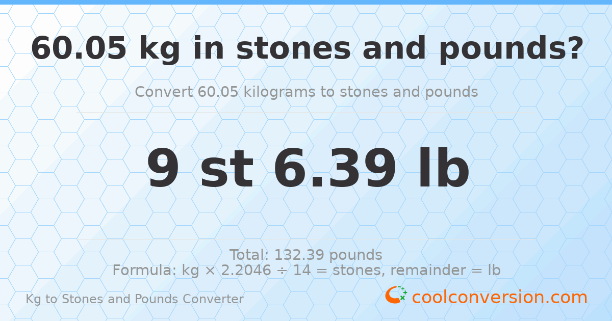 60.05 kg to stones and pounds — 60.05 kg = 9 st 6.39 lb