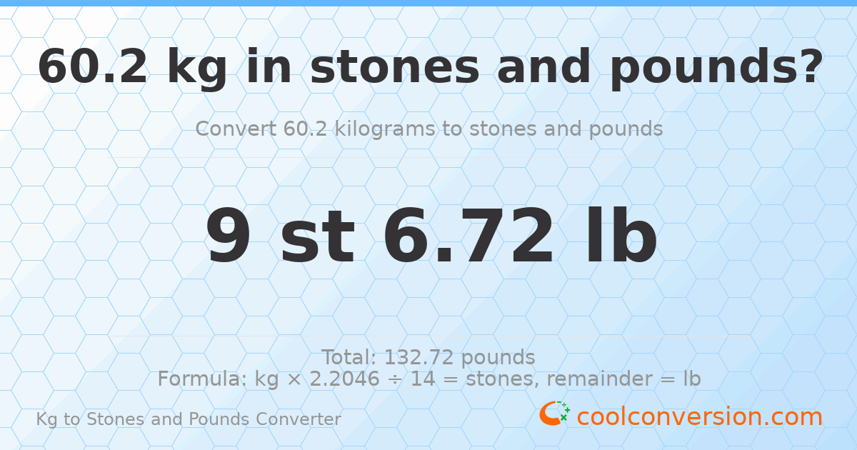 60.20 kg to stones and pounds — 60.20 kg = 9 st 6.72 lb