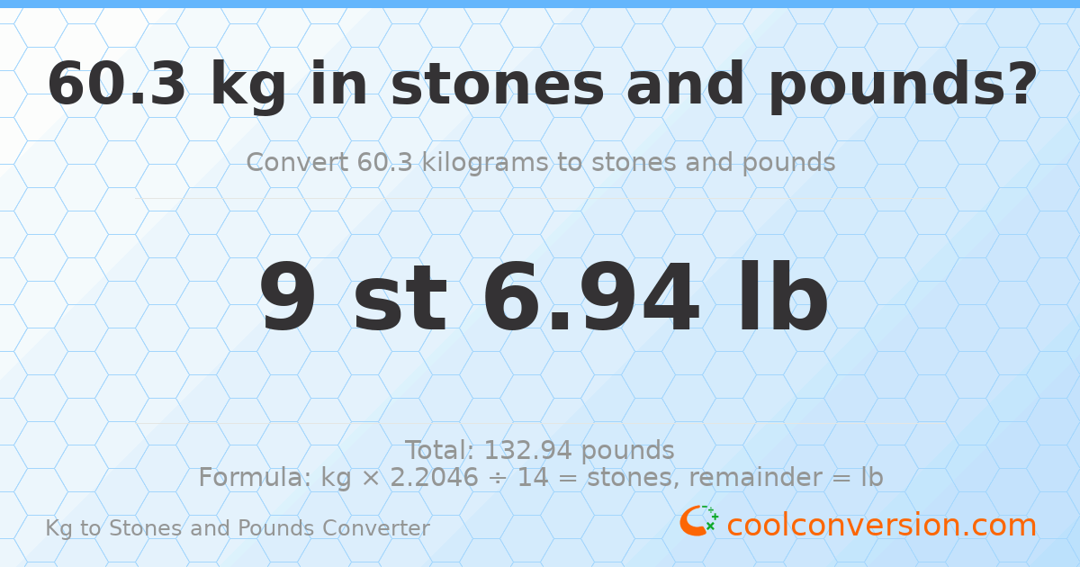 60.3 kg to stones and pounds — 60.3 kg = 9 st 6.94 lb