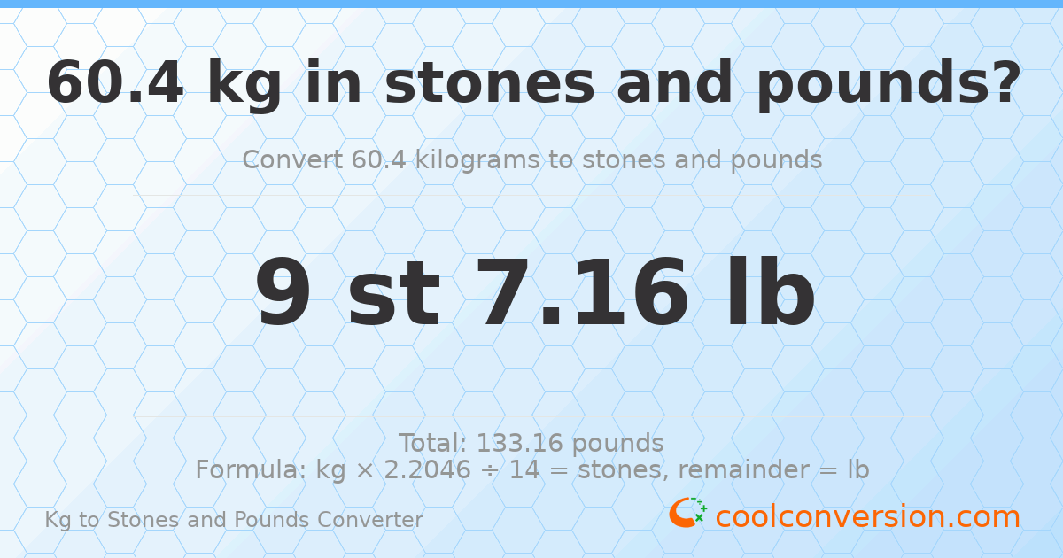 60.40 kg to stones and pounds — 60.40 kg = 9 st 7.16 lb
