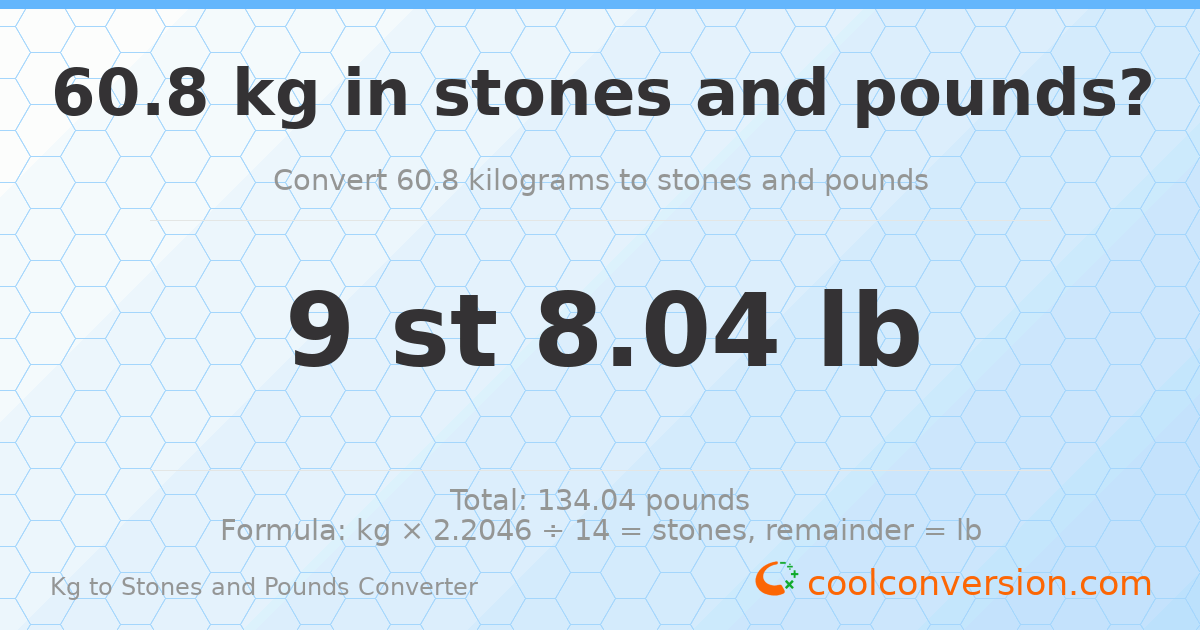 60.80 kg to stones and pounds — 60.80 kg = 9 st 8.04 lb