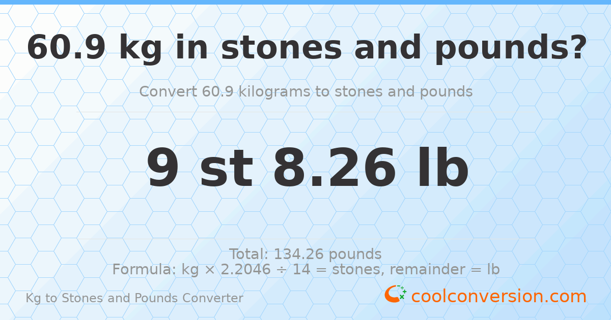 60.90 kg to stones and pounds — 60.90 kg = 9 st 8.26 lb