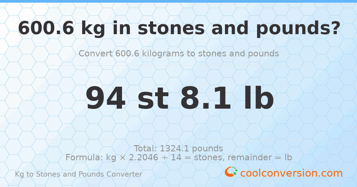 600.6 kg to stones and pounds — 600.6 kg = 94 st 8.10 lb