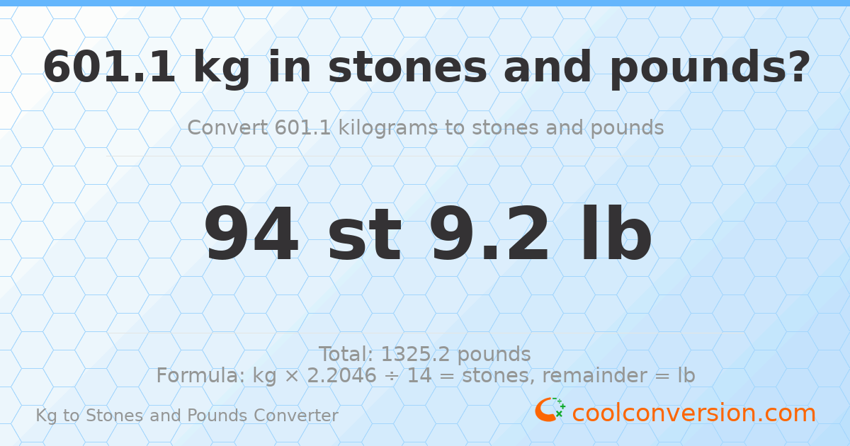 601.10 kg to stones and pounds — 601.10 kg = 94 st 9.20 lb