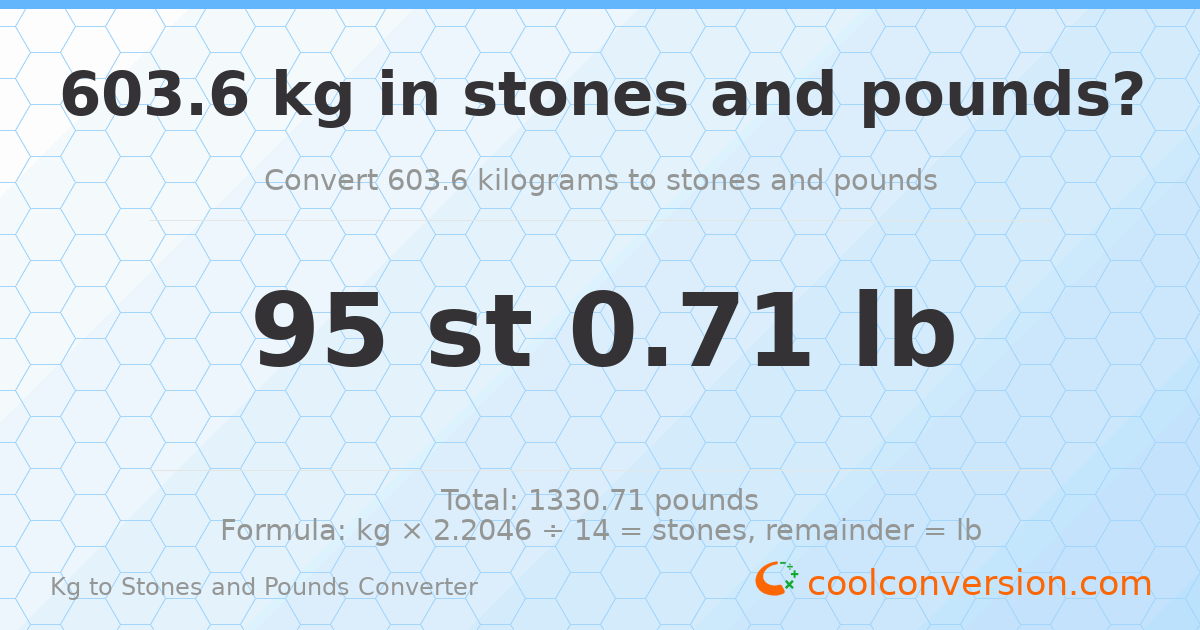 603.6 kg to stones and pounds — 603.6 kg = 95 st 0.71 lb