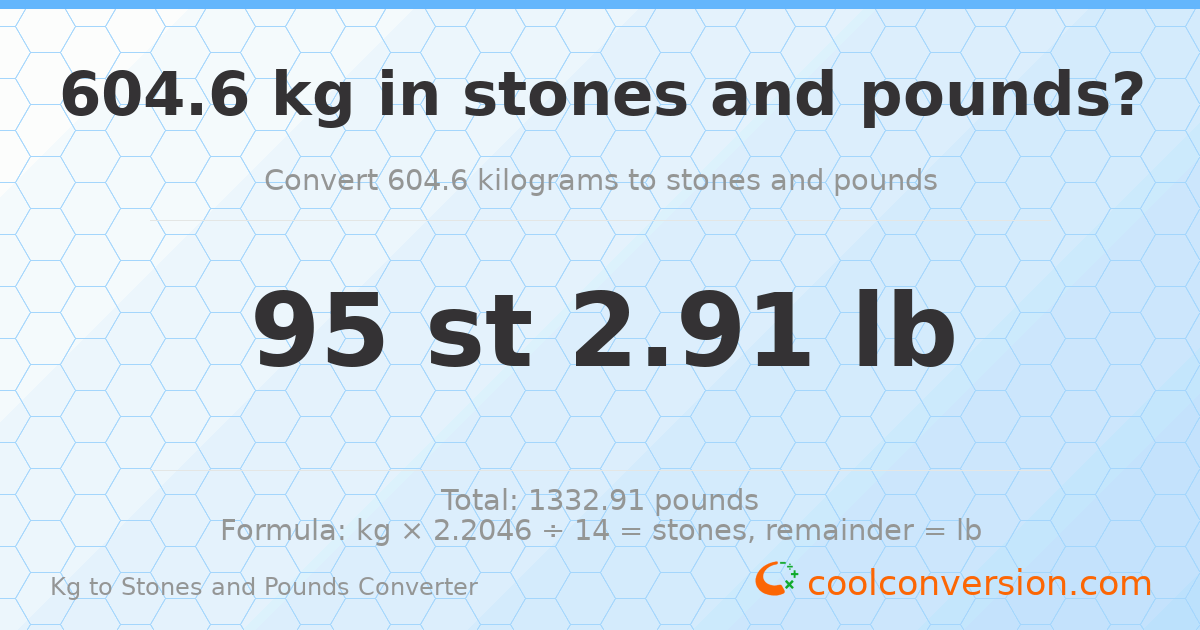 604.6 kg to stones and pounds — 604.6 kg = 95 st 2.91 lb