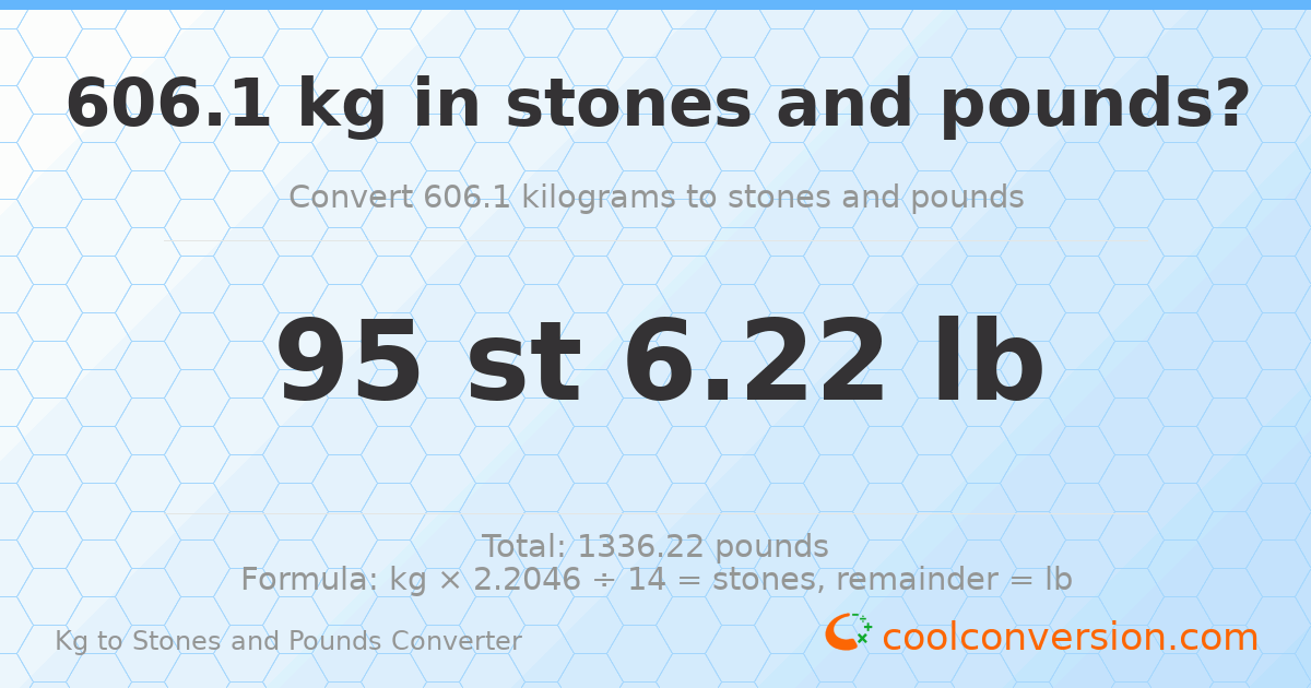 606.1 kg to stones and pounds — 606.1 kg = 95 st 6.22 lb