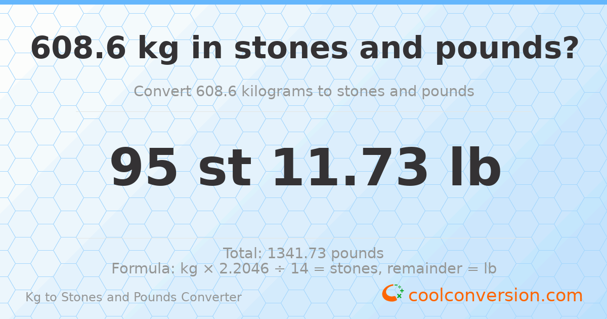608.60 kg to stones and pounds — 608.60 kg = 95 st 11.73 lb