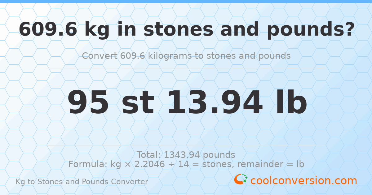 609.60 kg to stones and pounds — 609.60 kg = 95 st 13.94 lb