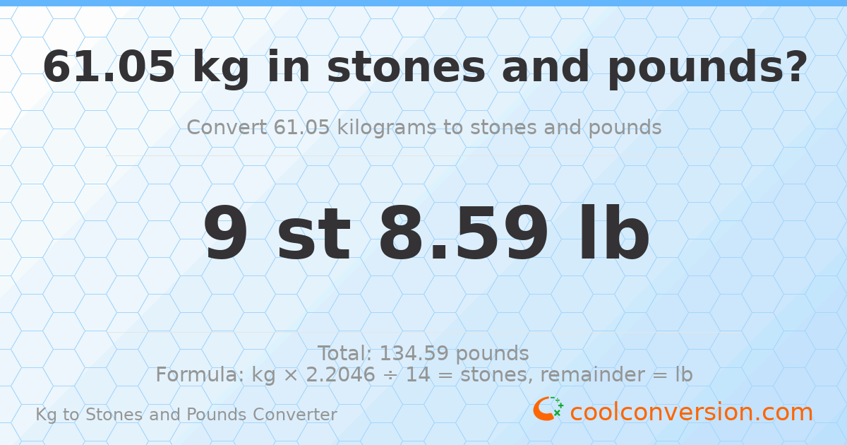 61.05 kg to stones and pounds — 61.05 kg = 9 st 8.59 lb