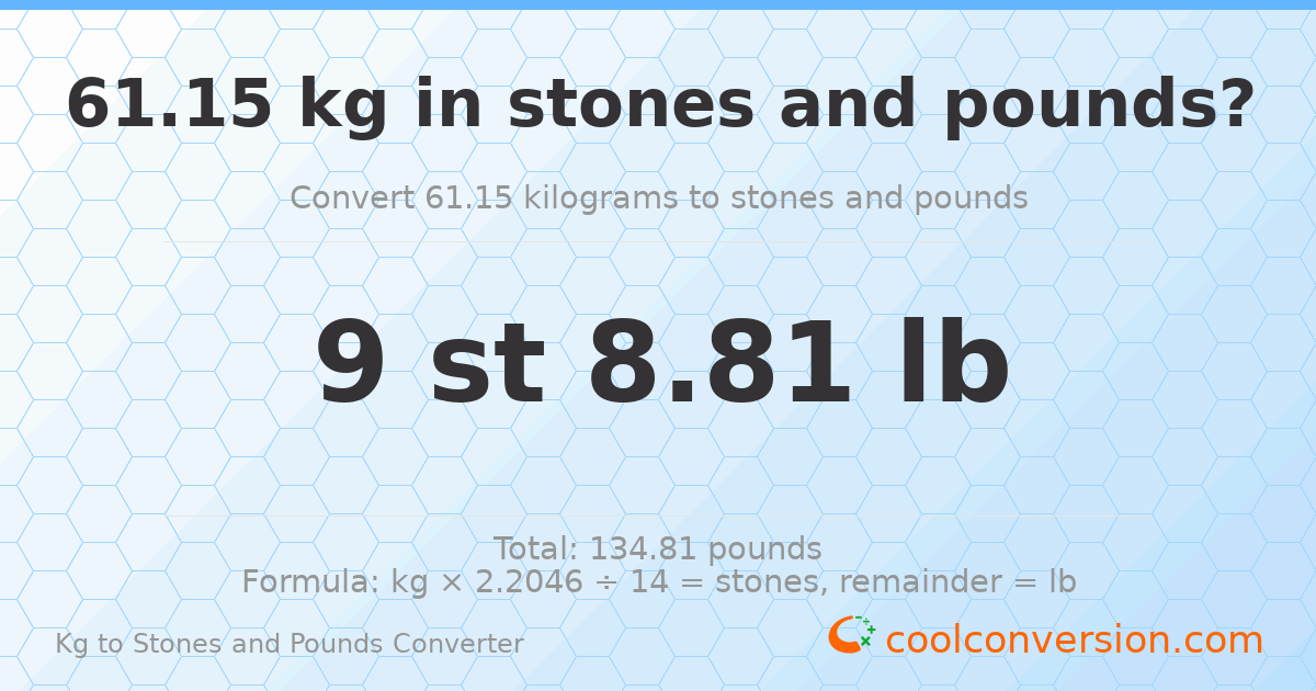 61.15 kg to stones and pounds — 61.15 kg = 9 st 8.81 lb