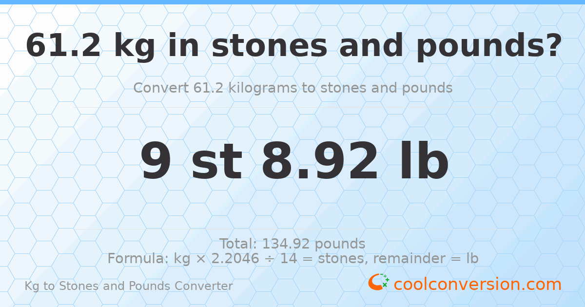 61.2 kg to stones and pounds — 61.2 kg = 9 st 8.92 lb