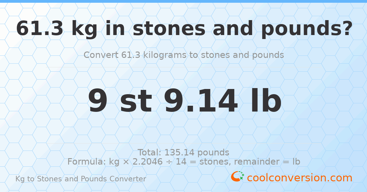 61.30 kg to stones and pounds — 61.30 kg = 9 st 9.14 lb