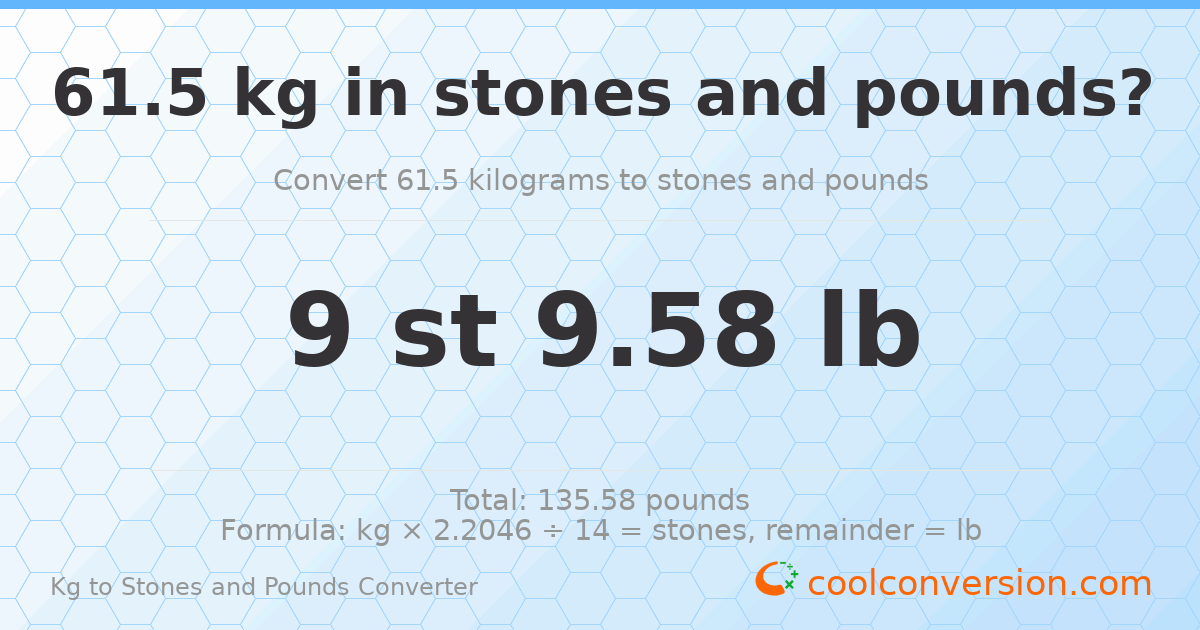 61.50 kg to stones and pounds — 61.50 kg = 9 st 9.58 lb