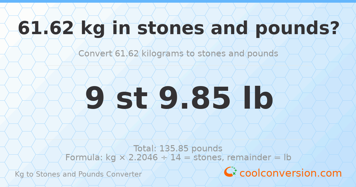 61.62 kg to stones and pounds — 61.62 kg = 9 st 9.85 lb