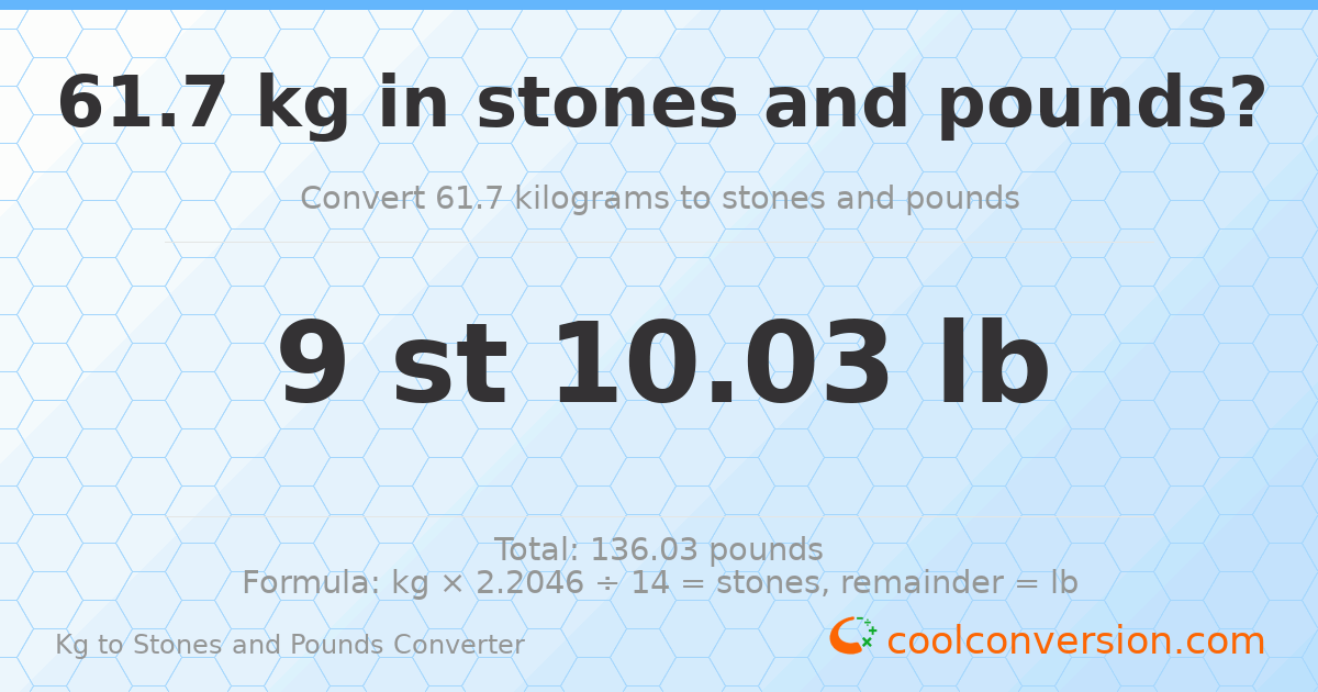 61.7 kg to stones and pounds — 61.7 kg = 9 st 10.03 lb