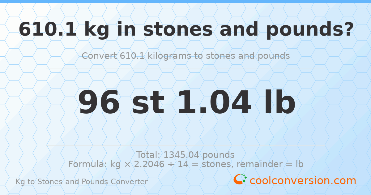610.10 kg to stones and pounds — 610.10 kg = 96 st 1.04 lb