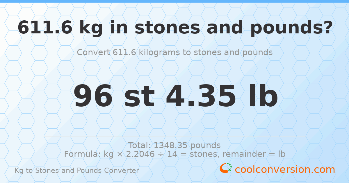 611.60 kg to stones and pounds — 611.60 kg = 96 st 4.35 lb