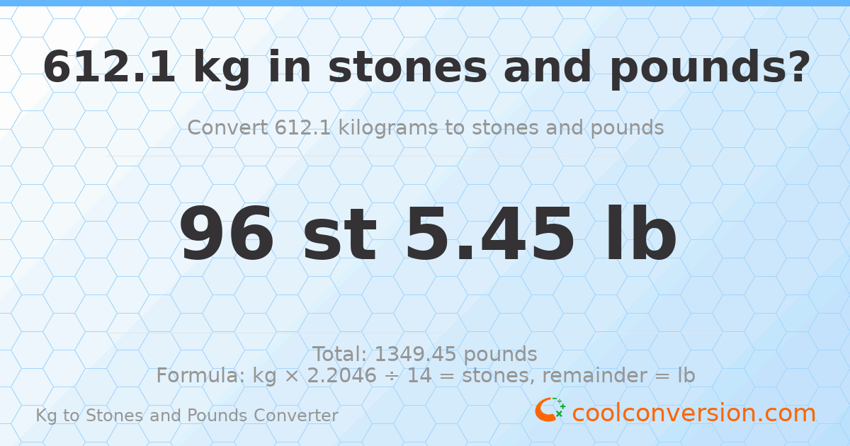 612.10 kg to stones and pounds — 612.10 kg = 96 st 5.45 lb