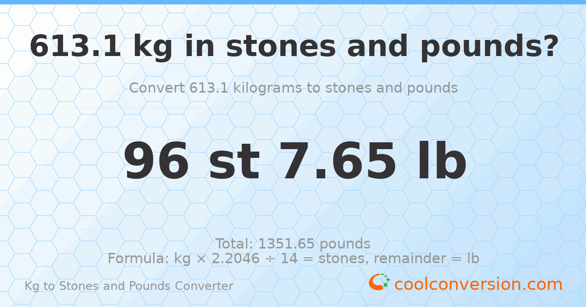 613.1 kg to stones and pounds — 613.1 kg = 96 st 7.65 lb