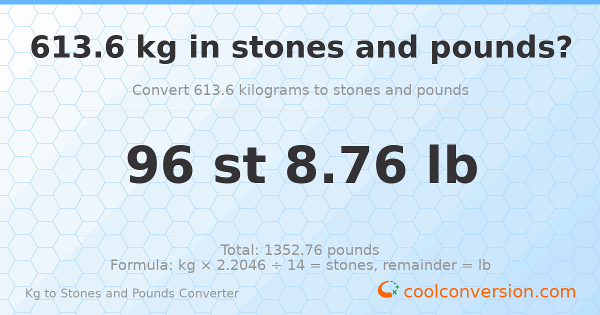 613.6 kg to stones and pounds — 613.6 kg = 96 st 8.76 lb
