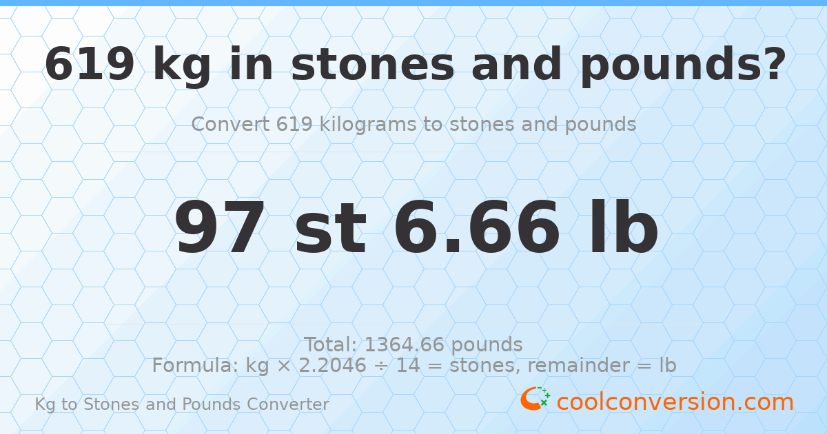 619 kg to stones and pounds — 619 kg = 97 st 6.66 lb