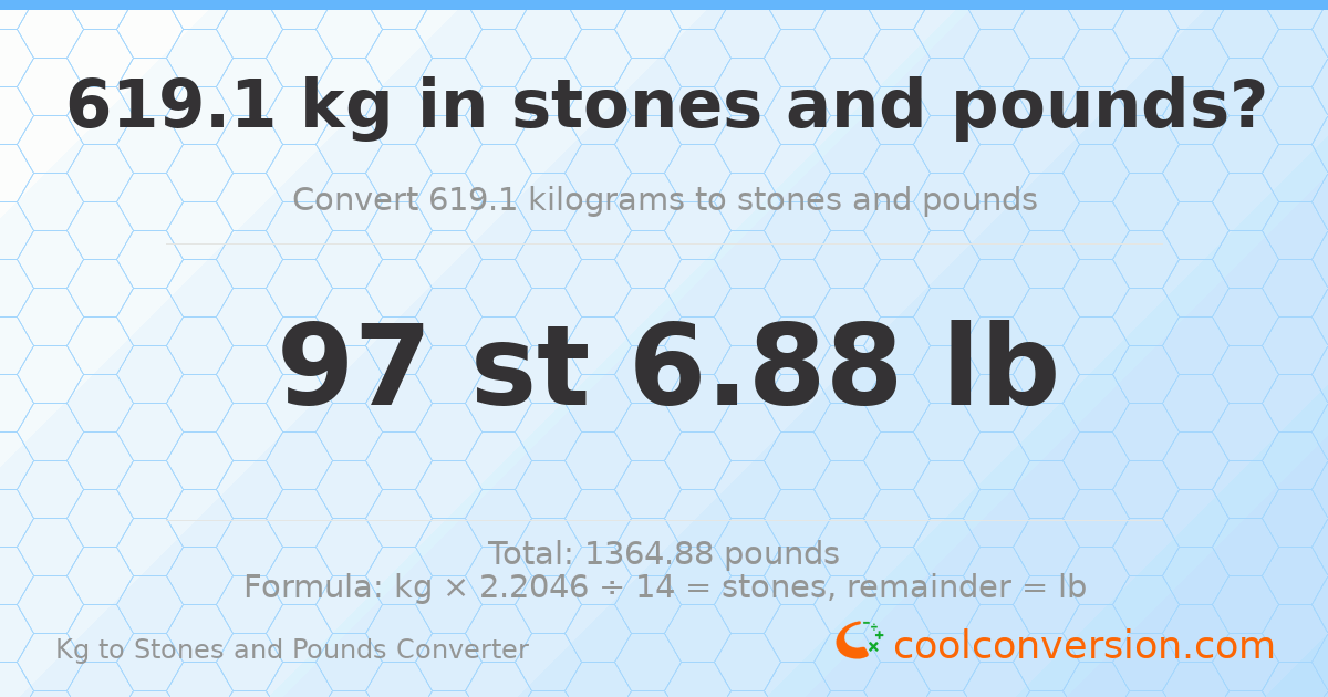 619.10 kg to stones and pounds — 619.10 kg = 97 st 6.88 lb