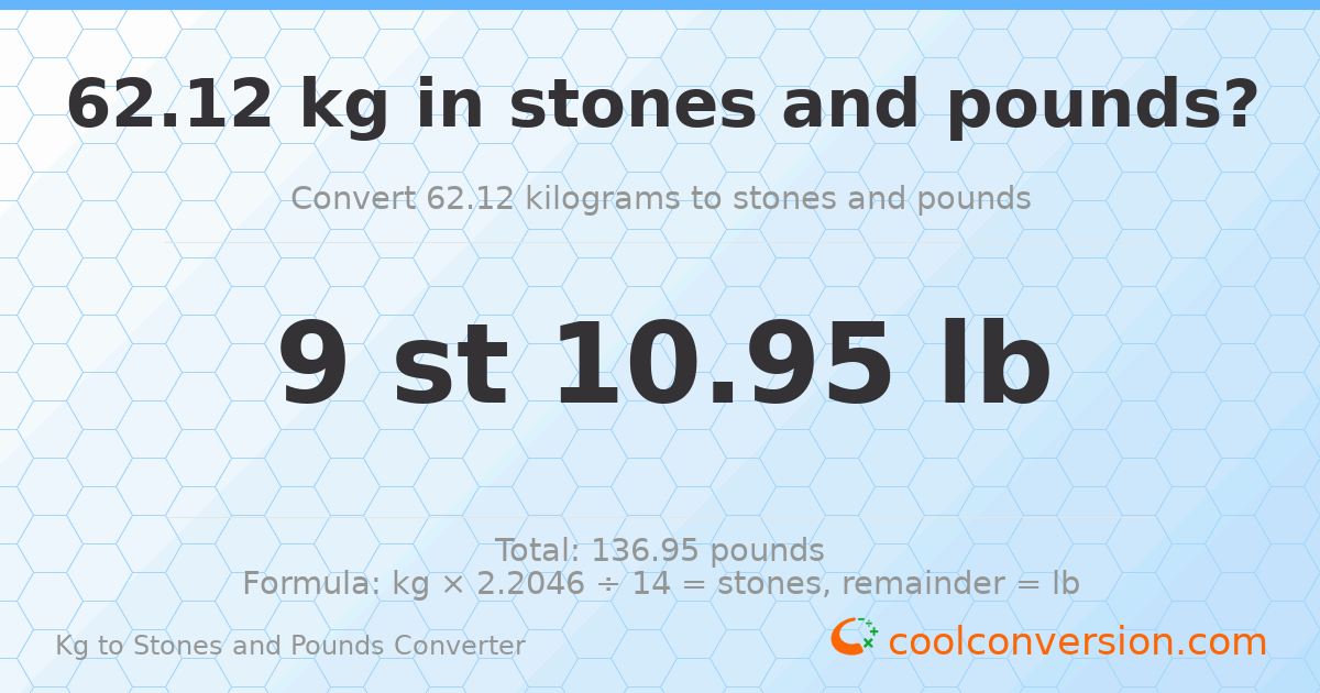 62.12 kg to stones and pounds — 62.12 kg = 9 st 10.95 lb