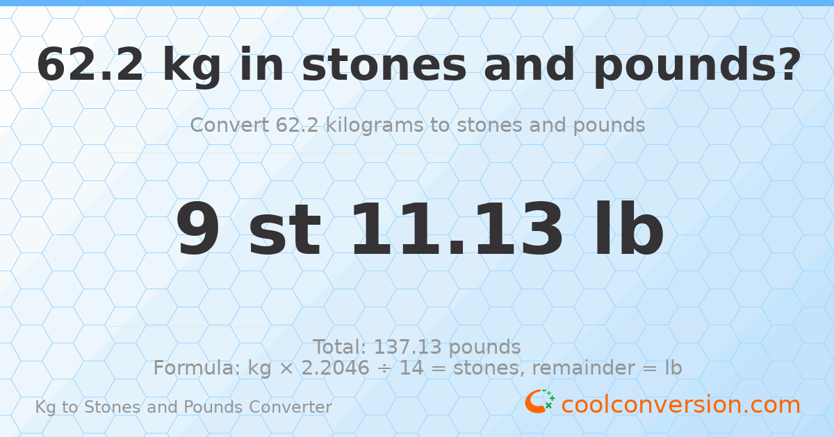 62.2 kg to stones and pounds — 62.2 kg = 9 st 11.13 lb