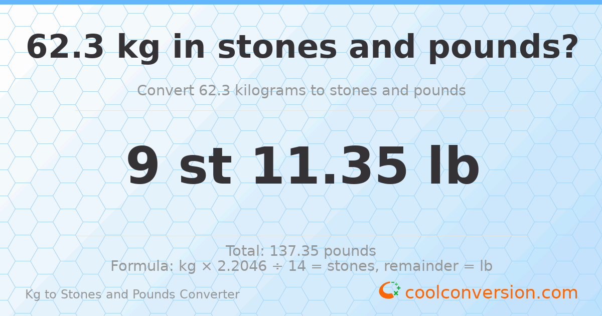 62.30 kg to stones and pounds — 62.30 kg = 9 st 11.35 lb