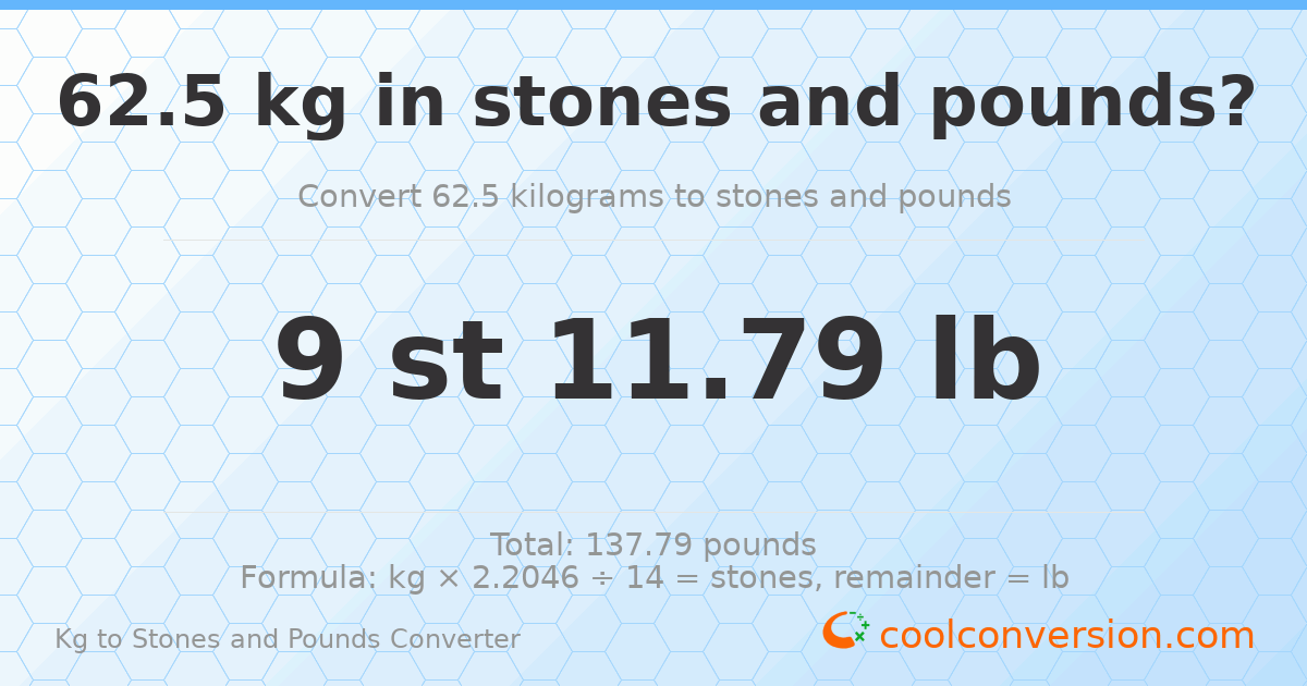 62.50 kg to stones and pounds — 62.50 kg = 9 st 11.79 lb