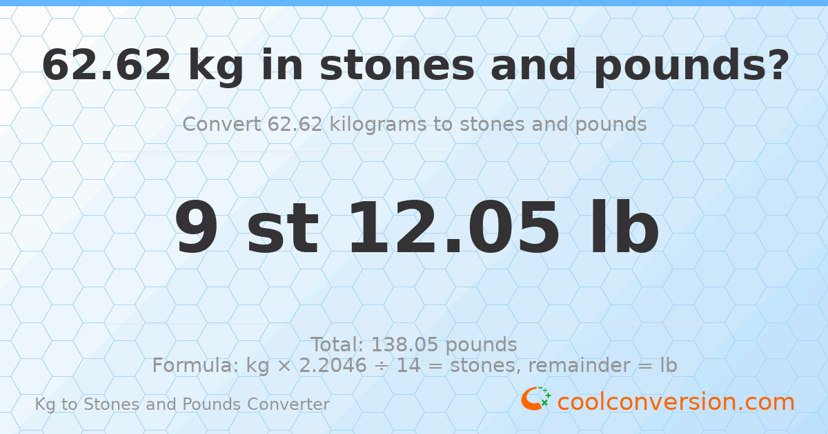 62.62 kg to stones and pounds — 62.62 kg = 9 st 12.05 lb