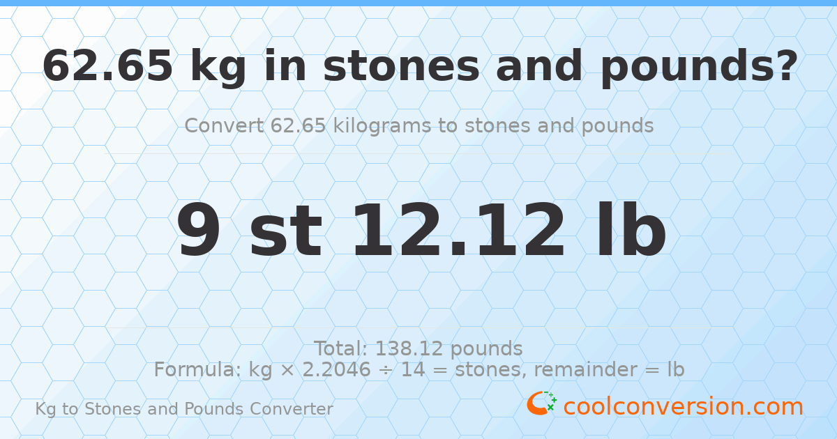 62.65 kg to stones and pounds — 62.65 kg = 9 st 12.12 lb