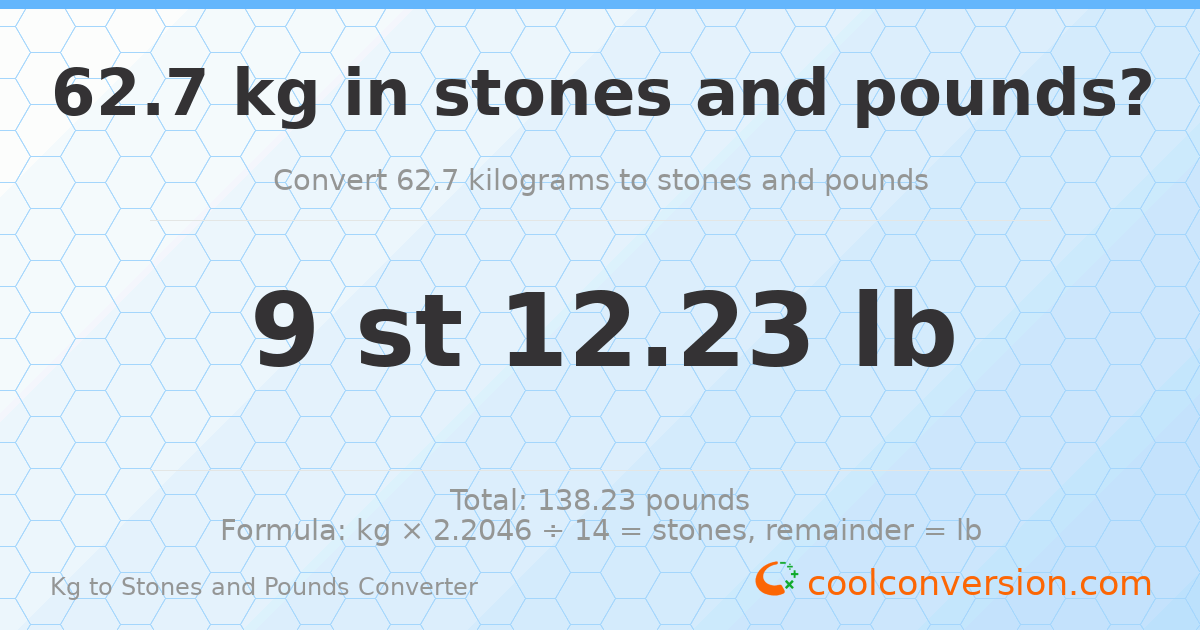 62.7 kg to stones and pounds — 62.7 kg = 9 st 12.23 lb