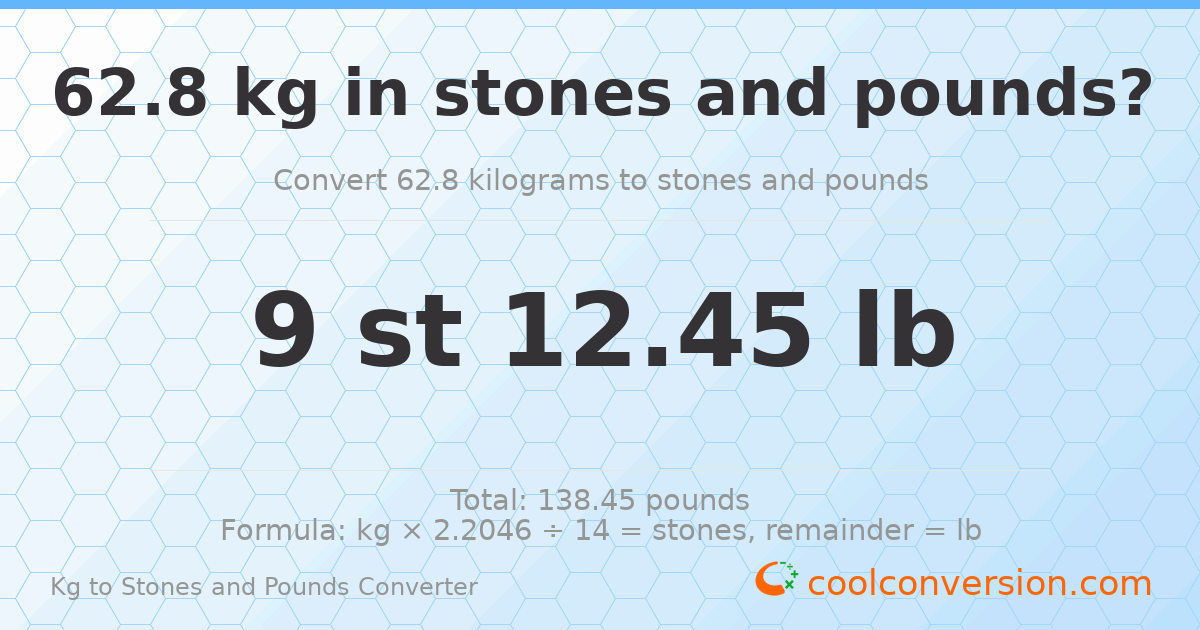 62.8 kg to stones and pounds — 62.8 kg = 9 st 12.45 lb