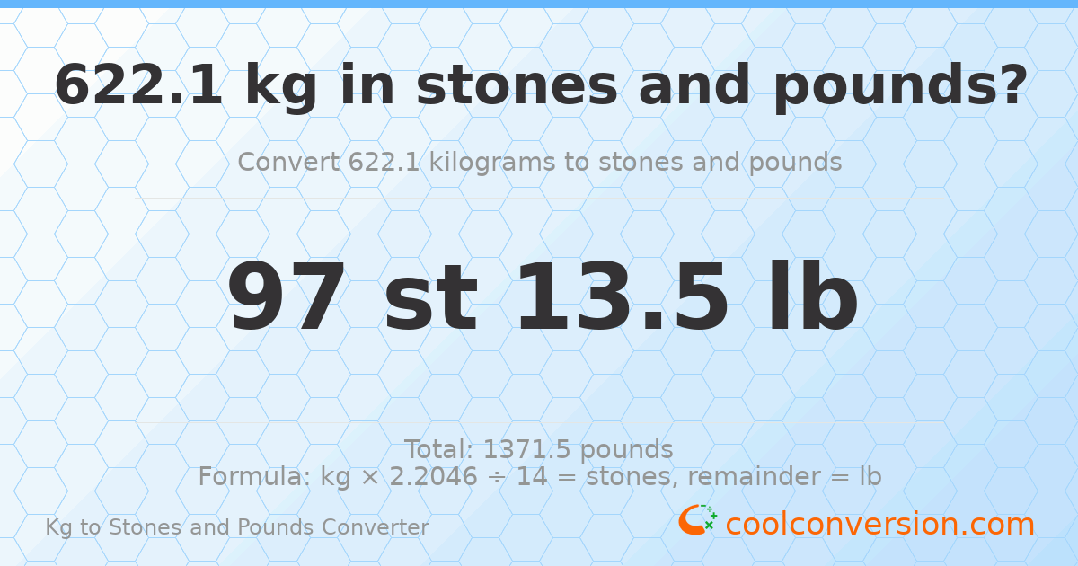 622.10 kg to stones and pounds — 622.10 kg = 97 st 13.50 lb