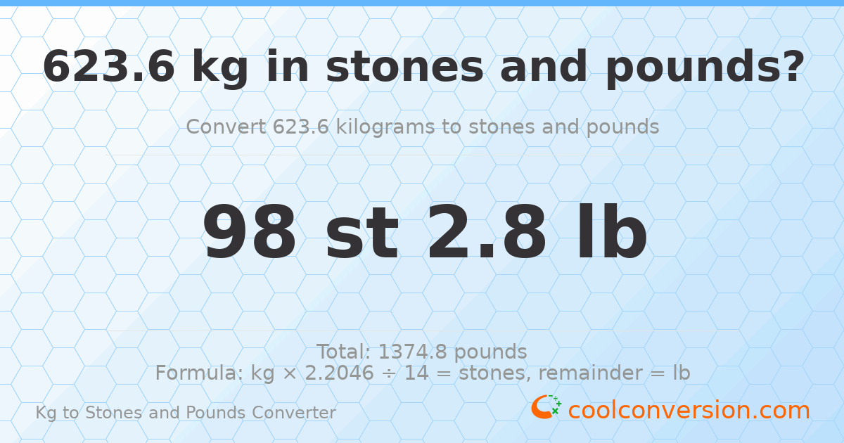 623.60 kg to stones and pounds — 623.60 kg = 98 st 2.80 lb