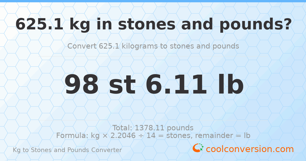 625.10 kg to stones and pounds — 625.10 kg = 98 st 6.11 lb