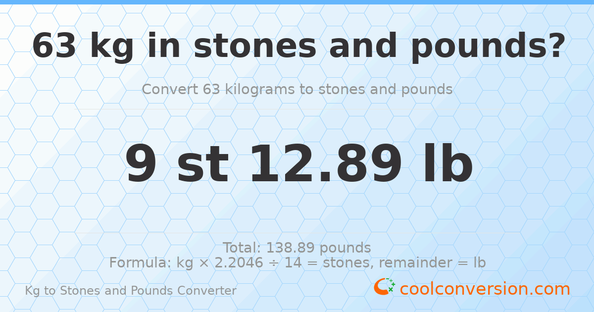 63 kg to stones and pounds — 63 kg = 9 st 12.89 lb