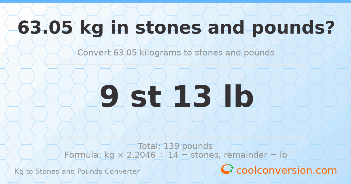 63.05 kg to stones and pounds — 63.05 kg = 9 st 13.00 lb