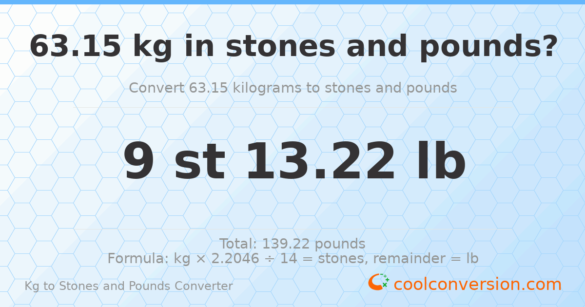 63.15 kg to stones and pounds — 63.15 kg = 9 st 13.22 lb