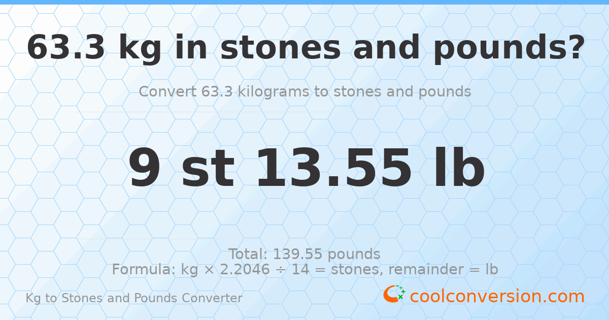 63.30 kg to stones and pounds — 63.30 kg = 9 st 13.55 lb